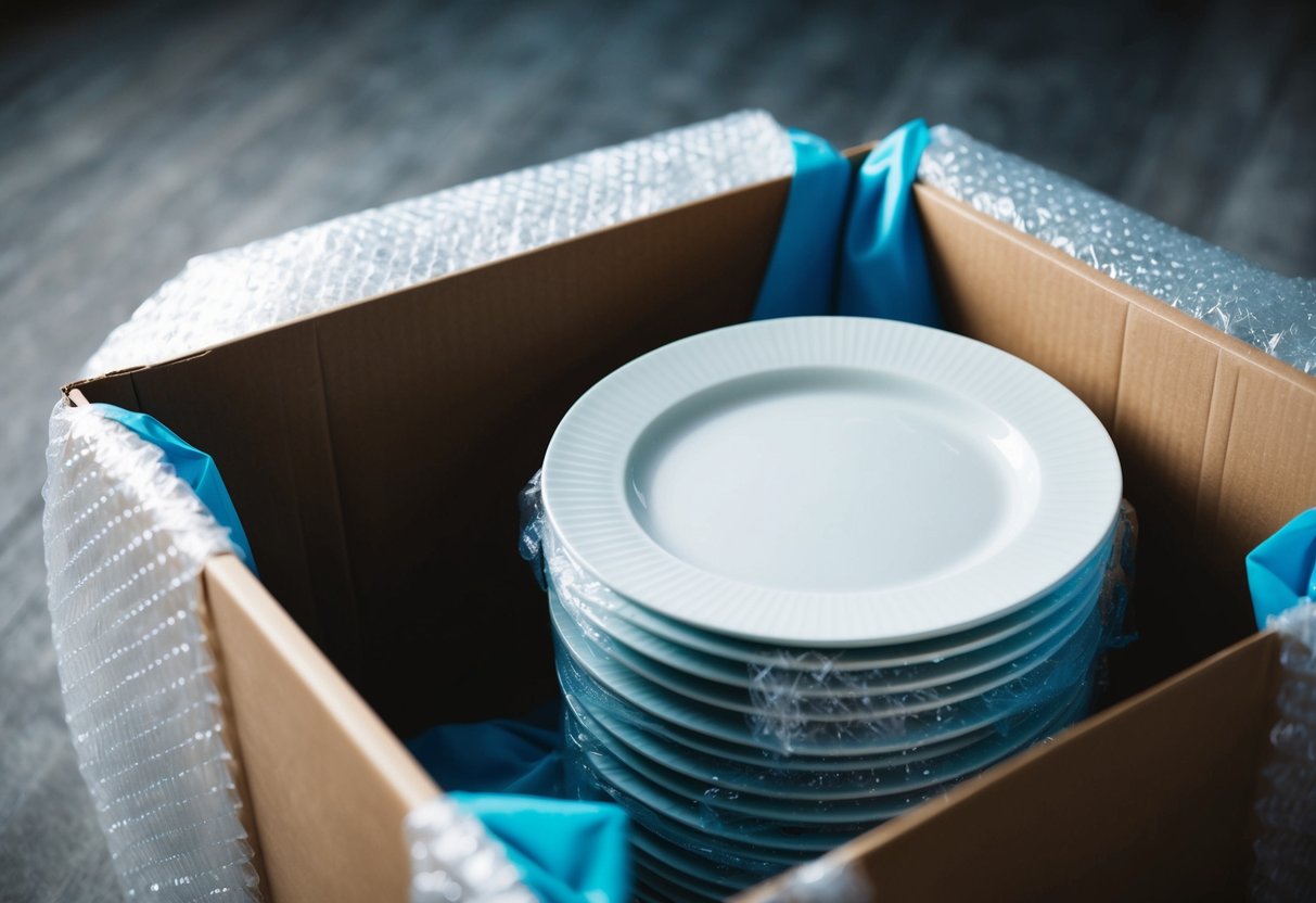 En stapel av tallrikar inlindade i bubbelplast, placerade i en robust låda med stötdämpande material för att förhindra brott under frakt