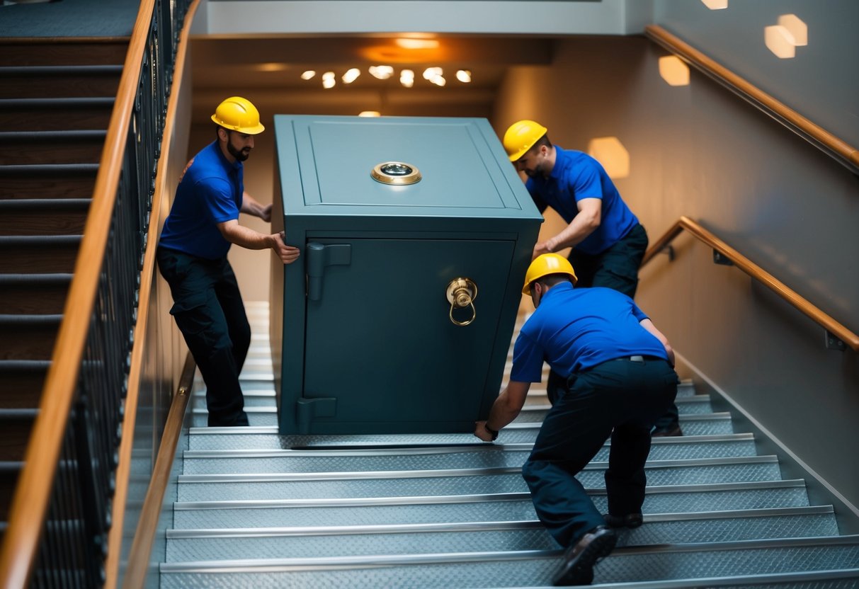 Ett team av flyttare transporterar försiktigt ett stort kassaskåp nerför en trappa.