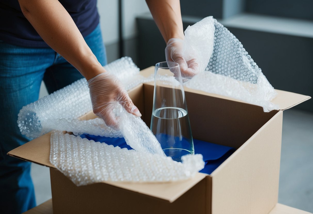 Ömtåligt glas som försiktigt sveps in i bubbelplast och placeras i en robust låda med skyddande stoppning