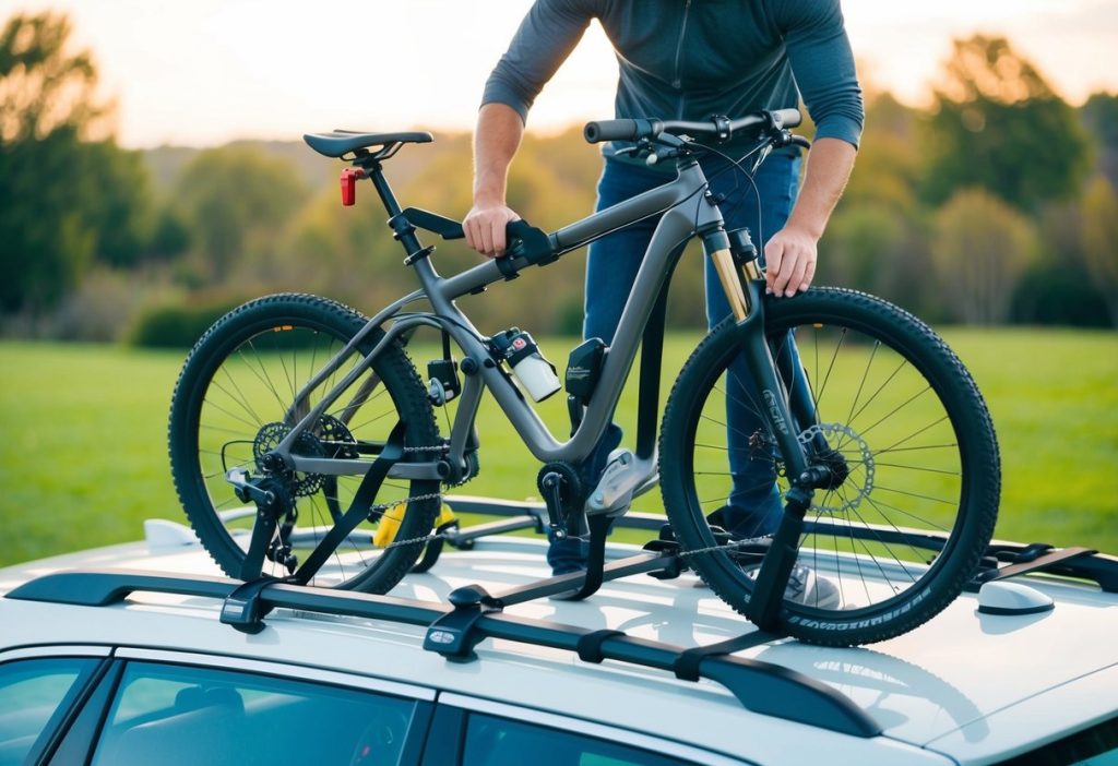 En person lastar en cykel på takräcket på en bil med justerbara remmar och säkrar den med ett lås